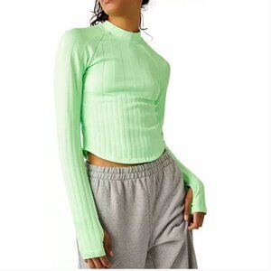 Free People Offside Layer Top in Lime Zest Cold Shoulder Woman’s Size Small